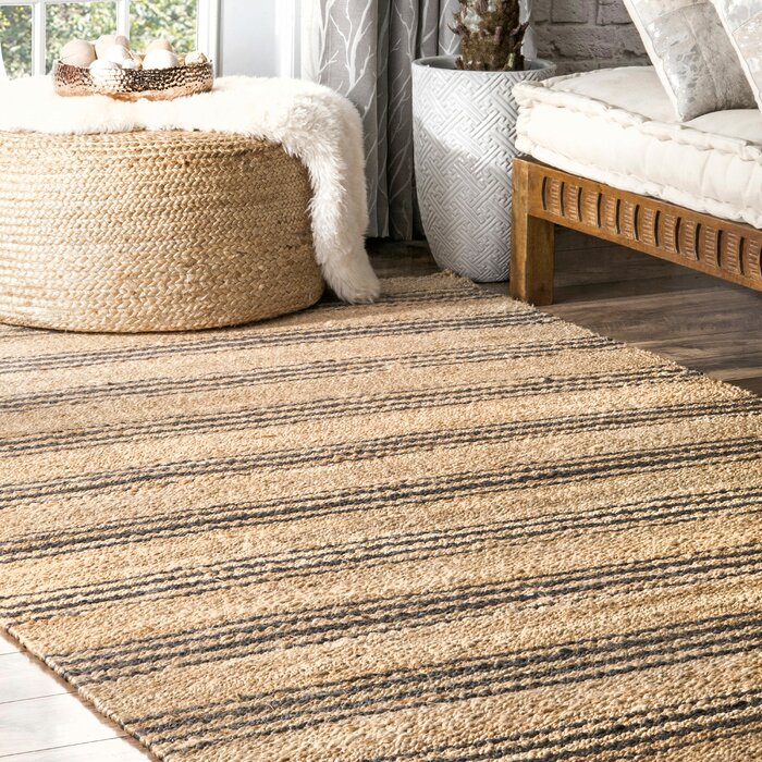 Gracie Oaks Sebeka Striped Handmade Tufted Jute/Sisal Beige/Black Area